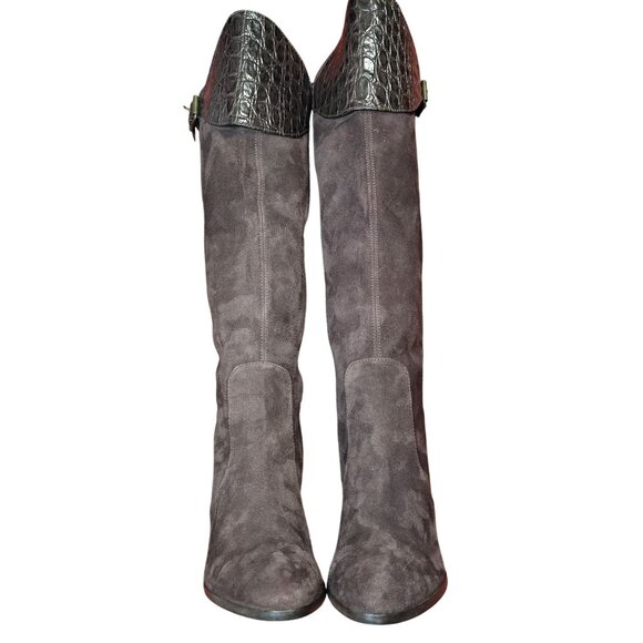 Max De Carlo Italian Knee-High Boots 7B Brown Suede & Leather Croc Embossed - Picture 7 of 11